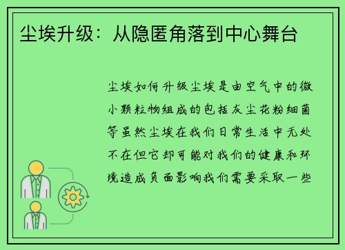 尘埃升级：从隐匿角落到中心舞台
